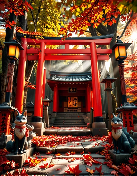A breathtaking Inari shrine hidden within a serene Japanese forest during autumn. The scene is illuminated by the soft glow of traditional stone lanterns, casting warm golden light on the vibrant red torii gates that form a mesmerizing tunnel leading up the shrineâs stone steps. The ground is covered with delicate fallen maple leaves in shades of crimson, orange, and yellow. Kitsune (fox) statues with intricate details guard the entrance, wearing red bibs symbolizing their sacred role. The shrineâs wooden structure is adorned with ancient calligraphy and shimenawa ropes, exuding a mystical and spiritual atmosphere. Sunlight filters through the dense foliage, creating a tranquil interplay of light and shadow. The air feels crisp and filled with a sense of reverence and peace. The image is captured in a hyper-detailed, photorealistic style, with high dynamic range lighting enhancing the depth and richness of the colors.
<lora:SDXLFaeTastic2400:0.4> <lora:extremely_detailed:0.4> extremely detailed, <lora:Inari_shr1n3:1>,Inari shr1n3, Masterpiece,best quality,hi res,8k,hi res,8k,award winning,(sharp focus, intricate, highly detailed),