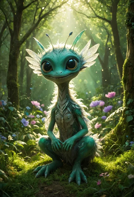Charming alien world filled with lush, vibrant landscapes and fantastical flora. The ground is carpeted with soft, luminescent grass that glows in shades of teal and lavender, while towering, whimsical trees with spiraling trunks and oversized, colorful blossoms create a magical canopy overhead. The sky is a brilliant shade of cerulean, dotted with fluffy, cotton-like clouds and two radiant suns that bathe the scene in warm light.
In this enchanting environment, depict an adorable alien creature that captures the heart. This creature should have a round, plump body covered in soft, fluffy feathers that shimmer in silver and gold, catching the light beautifully as it moves. Its large, expressive eyes are a deep emerald green, sparkling with curiosity and playfulness.
The creature has small, rounded wings adorned with delicate silver and golden feathers, which it flutters gently as it hovers above the ground. Its tiny feet are webbed, allowing it to bounce lightly on the soft grass. A playful tuft of feathers crowns its head, adding to its endearing appearance, and it has a small, heart-shaped mouth that curls into a cheerful smile.
zavy-cnmtc zavy-rmlght low-key