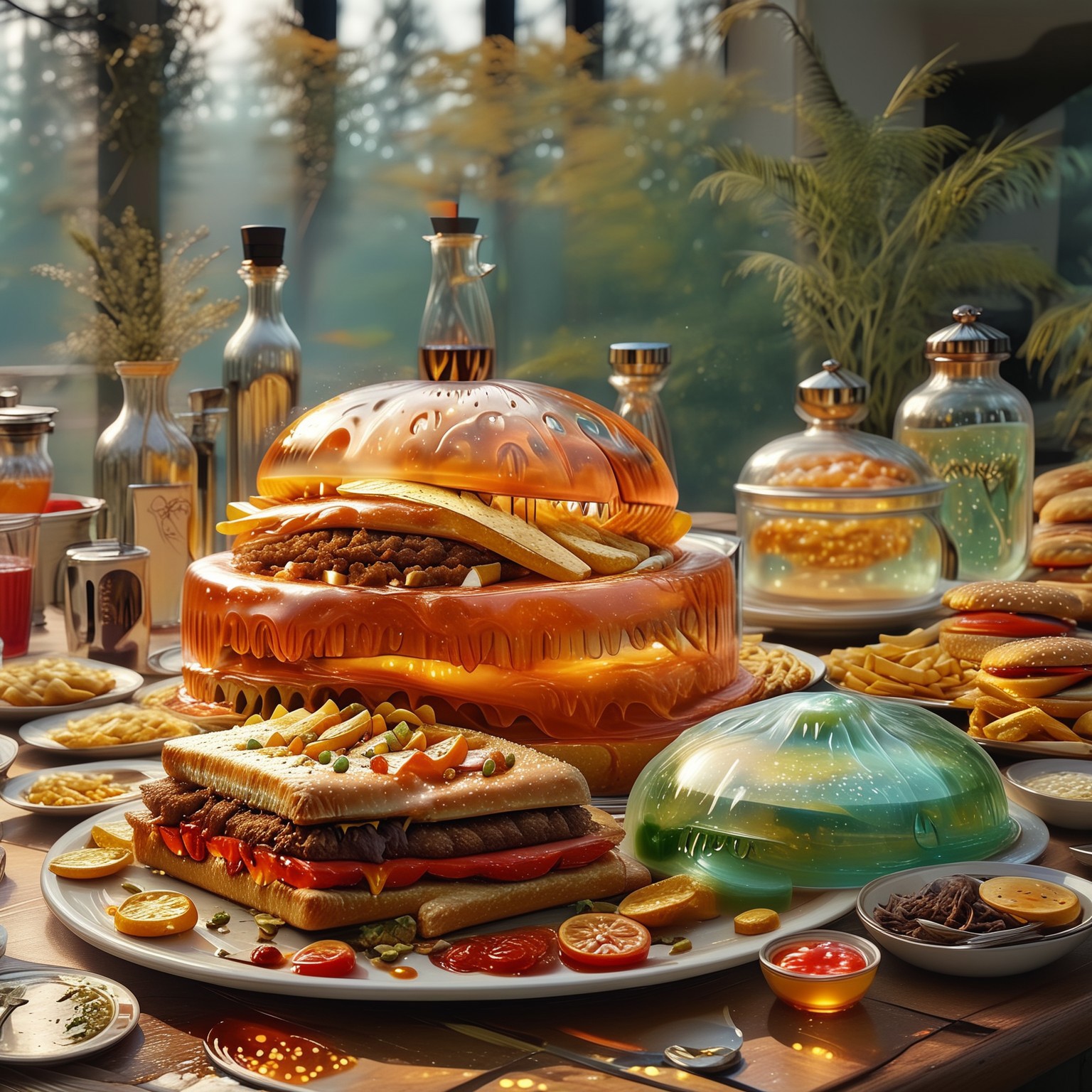 foodphoto, a cheeseburger and fries made out of slime, cheeseburger and fries on a plate, food made of slime, food still life, plate made of slime, table made of slime,
natural light, no bright spots, 
((translucent slime)), ((transparent slime)), made of water, (bioluminescent slime), sl1m3, slime, slime-morph, ais-blmn, saturated colors, no creatures, no humans, no monsters, no pokemon, scenery only, scenery, ral-lava, watce