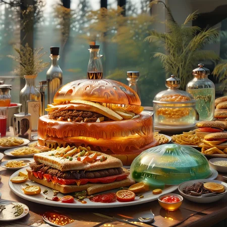 foodphoto, a cheeseburger and fries made out of slime, cheeseburger and fries on a plate, food made of slime, food still life, plate made of slime, table made of slime,
natural light, no bright spots, 
((translucent slime)), ((transparent slime)), made of water, (bioluminescent slime), sl1m3, slime, slime-morph, ais-blmn, saturated colors, no creatures, no humans, no monsters, no pokemon, scenery only, scenery, ral-lava, watce