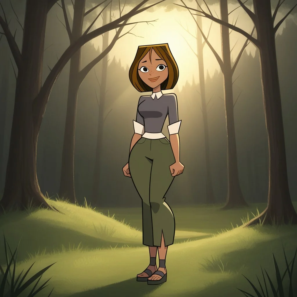 score_9, score_8, BREAK, solo, brown hair, black eyes, lips, collared shirt, grey sweater, short sleeves, green pants, dark skin, sandals, freckles, breasts, Total Drama, Courtney_(Total_Drama), sexy pose, smile, outdoors, sunlight, shadows, evening lighting, natural lighting, forest, trees, grass, orange sky, sunset