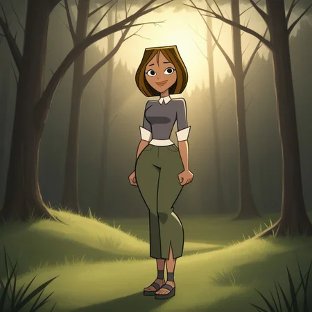 score_9, score_8, BREAK, solo, brown hair, black eyes, lips, collared shirt, grey sweater, short sleeves, green pants, dark skin, sandals, freckles, breasts, Total Drama, Courtney_(Total_Drama), sexy pose, smile, outdoors, sunlight, shadows, evening lighting, natural lighting, forest, trees, grass, orange sky, sunset