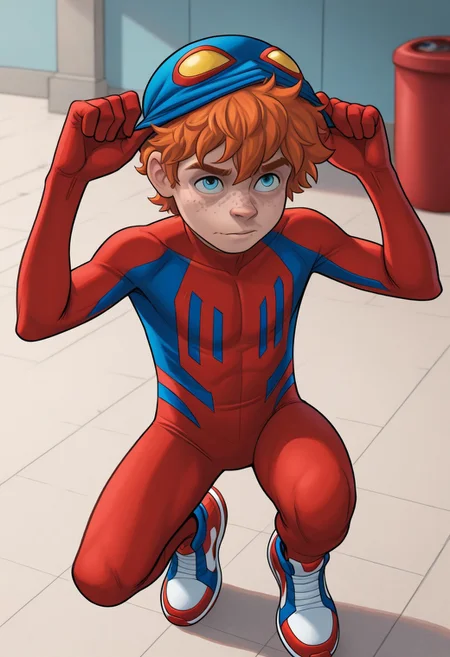 1boy, male focus, cute boy, solo, BaileyBriggs, blue Mask, Yellow Eyes, Spiderboy Costume, Two-tone Bodysuit, Red Bodysuit, Blue Bodysuit, Red Blue Sneakers, cinematic, intricately detailed illustration, depth of field, masterpiece, best quality, amazing quality, very aesthetic, absurdres, newest, very awa, shadow, dynamic angle, casual cosplay, maskLiftConcept, Mask on scalp, Orange Hair, Blue Eyes, Freckles