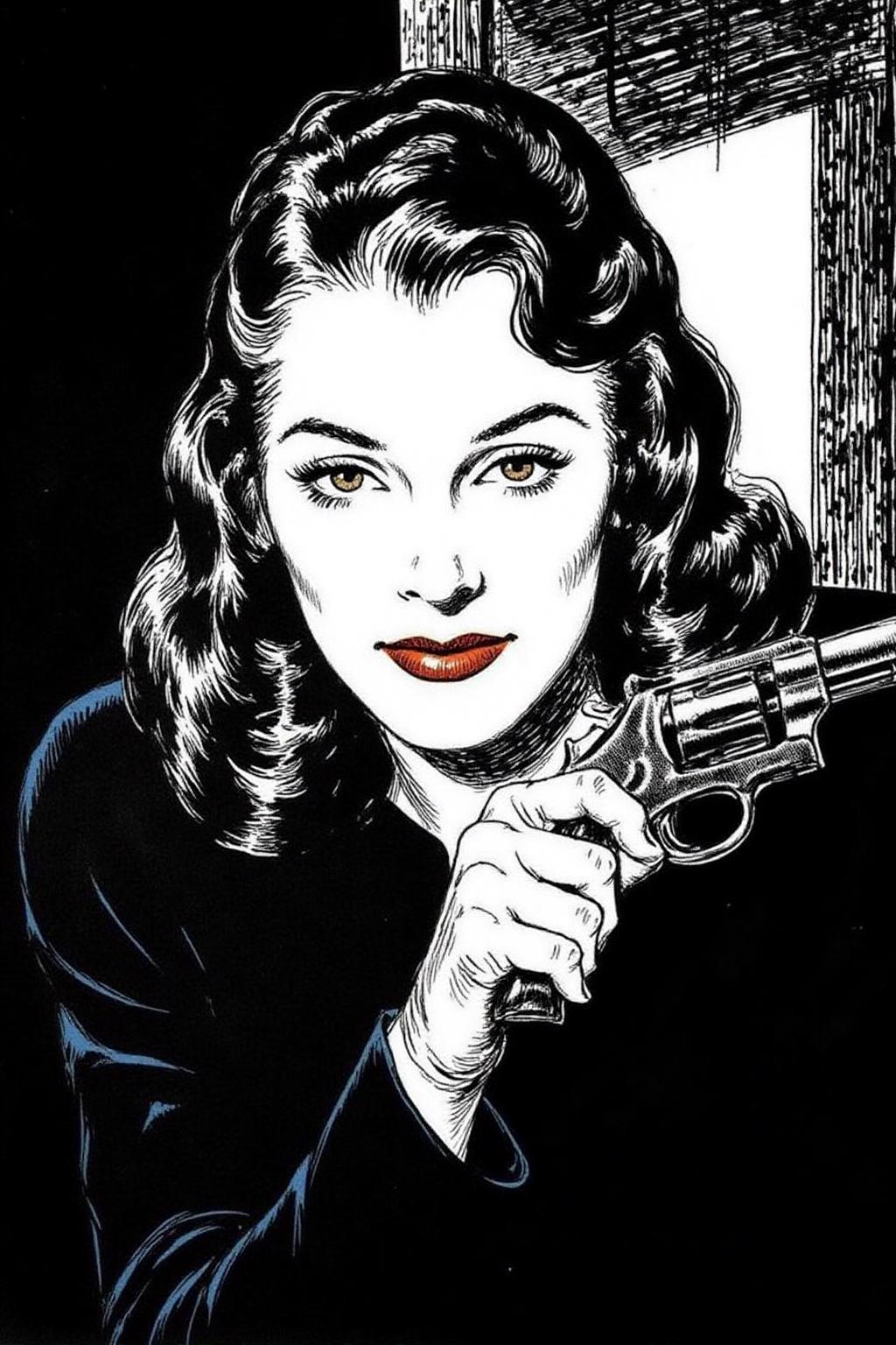 alexray1 drawing
 a mysterious woman with dark, wavy hair and piercing eyes stands in the shadows of a dimly lit room. She is holding a small revolver with a delicate yet firm grip. Her red lipstick is the only color that stands out in the darkness, her intentions unclear but dangerous.  <lora:alexray1_nocap_d6a3:1.0><lora:815513349472287613:0>