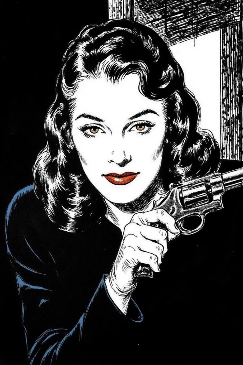 alexray1 drawing
a mysterious woman with dark, wavy hair and piercing eyes stands in the shadows of a dimly lit room. She is holding a small revolver with a delicate yet firm grip. Her red lipstick is the only color that stands out in the darkness, her intentions unclear but dangerous. <lora:alexray1_nocap_d6a3:1.0><lora:815513349472287613:0>