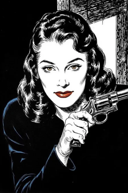 alexray1 drawing
a mysterious woman with dark, wavy hair and piercing eyes stands in the shadows of a dimly lit room. She is holding a small revolver with a delicate yet firm grip. Her red lipstick is the only color that stands out in the darkness, her intentions unclear but dangerous. <lora:alexray1_nocap_d6a3:1.0><lora:815513349472287613:0>