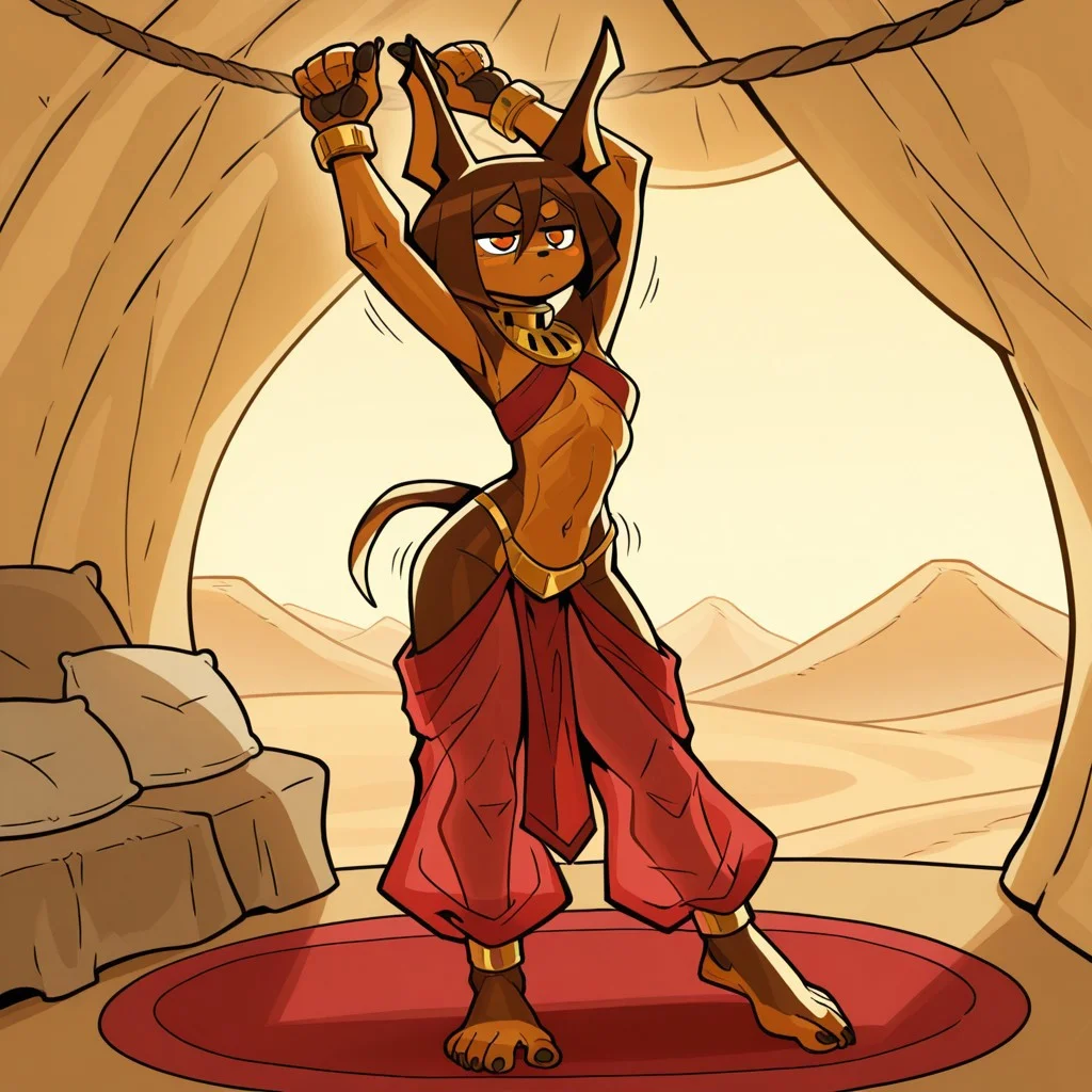masterpiece, best quality, amazing quality,(detailed background:1),1girl,solo,CeehazStyle,furry,furry female,rory, dobermann,harem outfit,annoyed, gold shackles, gold metal collar,standing,mition blur,motion lines,dancing,belly dancing,inside tent, small breasts, petite, shorstack, skinny,
desert,pillows,rug<lora:Ceehaz_StyleCharacters_v3 v2:1>