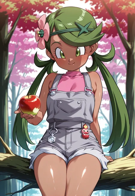 safe_pos, masterpiece, best quality, Smooth Quality, vibrant colors, beautiful shading, very aesthetic, absurdres, Rom@_ArtStyle, rom_\(20\), official art, anime coloring, anime screencap, absurd res, 1girl, solo, small breasts, dark skin, dark-skinned female, shiny skin, glossy skin, mallow (Pokemon,), green hair, green eyes, hair flower, hair ornament, twin ponytails, grey overalls, overall chest pocket, pink shirt, sleeveless, grey shorts, short keychain, reaching for fruit, one hand reaching for fruit, sitting, sitting on branch, tree, apple, apple dangling from tree, tree brach, cowboy shot, looking at another, smile, outdoors, forest, <lora:Rom_Art_Style_for_Illustrious_v6.0:1>, masterpiece, best quality, vibrant colors, beautiful shading, amazing quality, very aesthetic, high resolution, ultra-detailed, absurdres, newest, volumetric lighting,