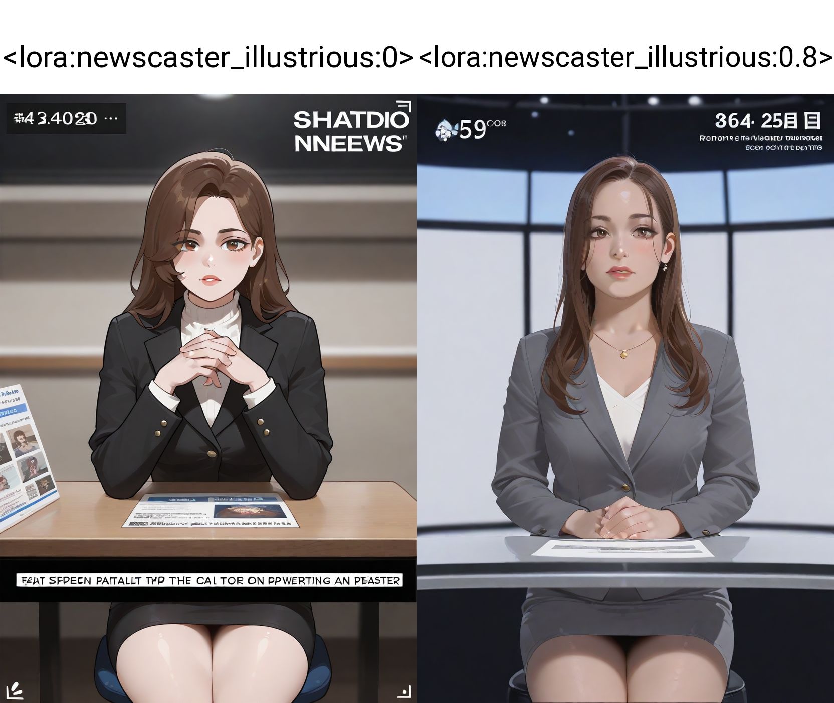 1girl, 
nwscstr, newscaster, announcer, female announcer, news, breaking news, studio, fake screenshot, <lora:newscaster_illustrious:0>
cowboy shot, own hands together, sitting, pov across table, table, hands on table, pencil skirt,