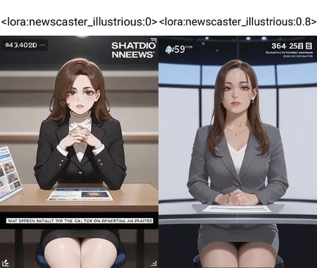 1girl, 
nwscstr, newscaster, announcer, female announcer, news, breaking news, studio, fake screenshot, <lora:newscaster_illustrious:0>
cowboy shot, own hands together, sitting, pov across table, table, hands on table, pencil skirt,
