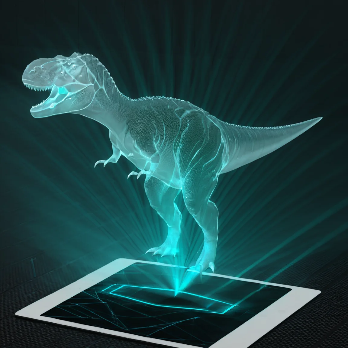 hologrameffect, a dinosaur is standing on a tablet screen <lora:hologram_effect:1>