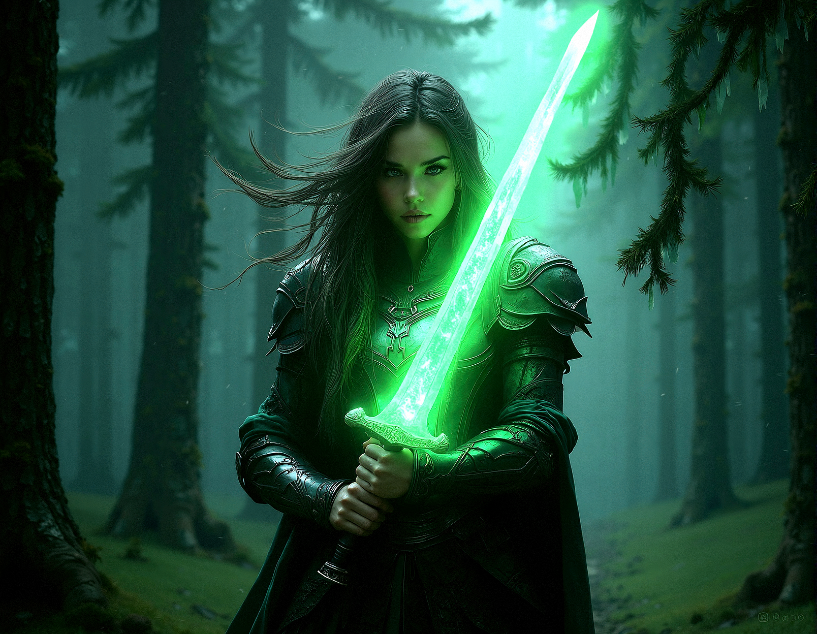 realistic female warrior, glowing green sword, dark enchanted forest, wind blowing leaves, intense gaze, highly detailed glowing armor, photorealistic fantasy setting, 
Standing with the sword held across the chest, both hands on the hilt, calm and focused expression,
Clusters of tall, straight pine trees with needles carpeting the ground, Moss-draped branches hanging low


