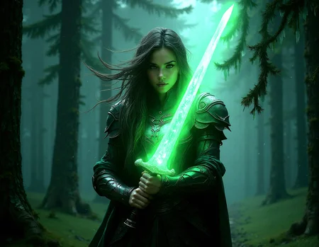 realistic female warrior, glowing green sword, dark enchanted forest, wind blowing leaves, intense gaze, highly detailed glowing armor, photorealistic fantasy setting,
Standing with the sword held across the chest, both hands on the hilt, calm and focused expression,
Clusters of tall, straight pine trees with needles carpeting the ground, Moss-draped branches hanging low