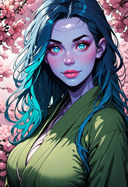 commix style, score_9, score_8_up, score_7_up, 1woman, mature, (blue skin:1.3), detailed blue eyes, large round eyes, bright eyes, (long dark blue hair:1.4), fiery hair, gradient_hair to light neon blue, (very long hair), blue lipstick, huge breasts, green kimono, red hakama, cherry blossoms
