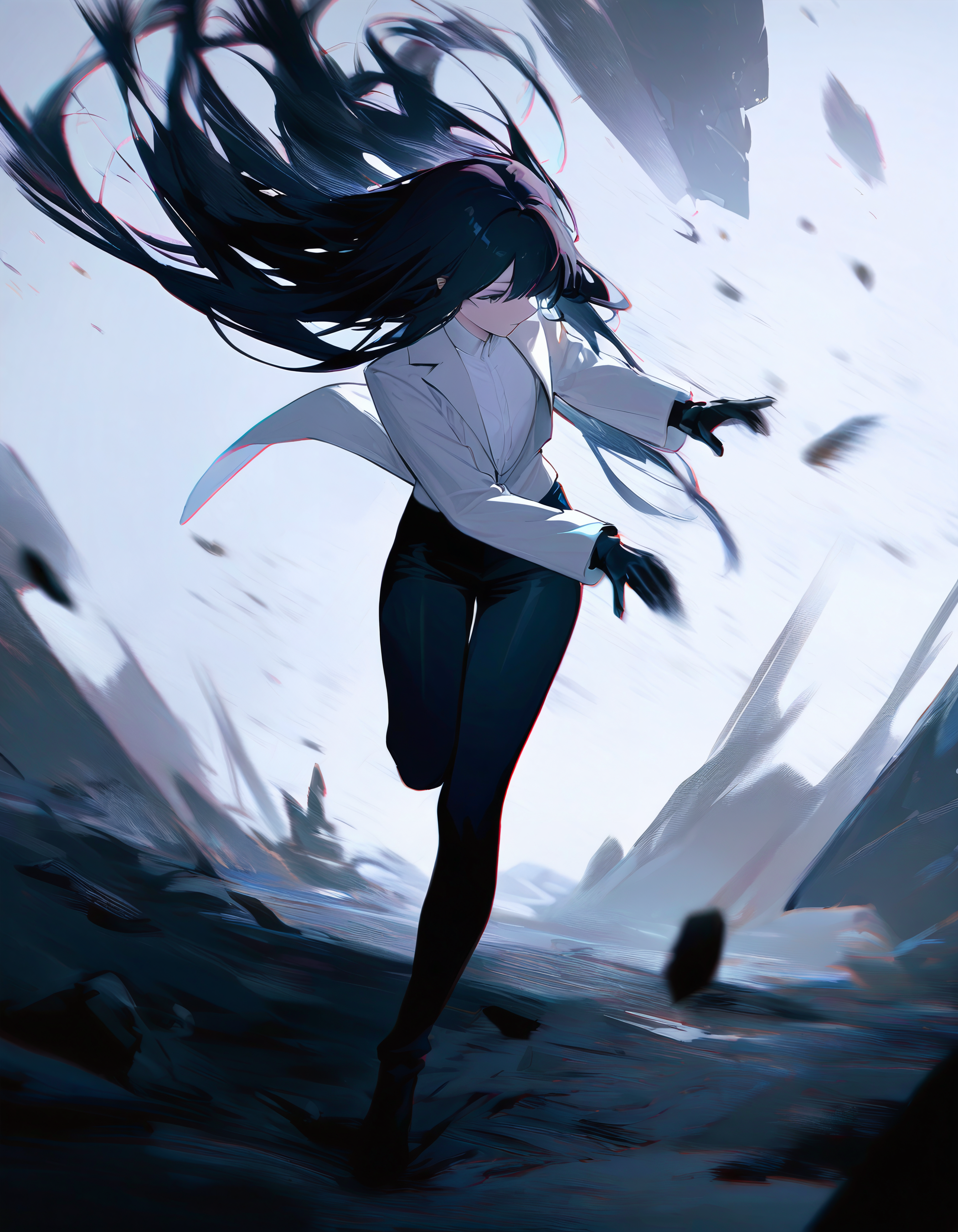 very awa, masterpiece, best quality, newest, absurdres, <lora:Gra0158>, abstract painting, brush strokes, long hair, solo, motion blur, black pants, pants, black hair, male focus, standing, shirt, gloves, black gloves, white shirt, standing on one leg, 1girl, full body, jacket, floating hair, debris, white jacket, grey background