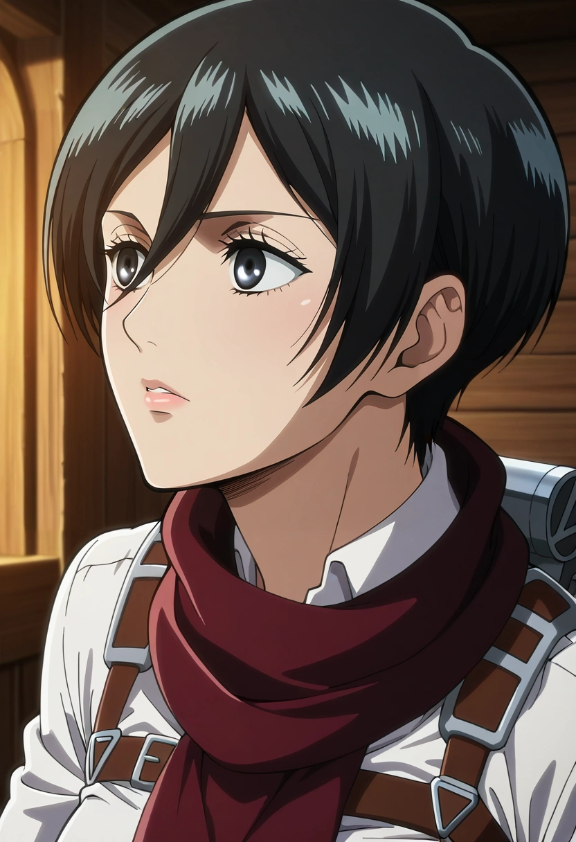 masterpiece, best quality, intricate details, anime screencap, , , , , 1girl, solo, <lora:mikasa_ackerman_ilxl:0.92>, mikasa_ackerman, black hair, black eyes, very short hair, pixie cut, , three-dimensional maneuver gear, ,