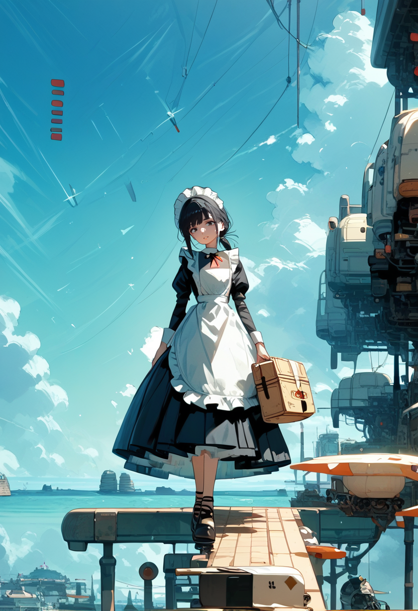 score_9, score_8_up, score_7_up, score_6_up, score_5_up, score_4_up, source_anime, 1girl, solo, 18yo, (slim face:1.5), (bangs:1.2), skinny, thin body, wide hips, thin thighs, full body, from above,
<lora:age_slider_v4:2> <lora:Expressive_H:1><lora:Kenva:0.8> <lora:naipf:0.6>
light smile, walking, looking at viewer, black hair, short hair, low ponytail, parted lips, maid cap, black long sleeve maid shirt, bow, (white apron:1.1), (black maid skirt:1.1), long skirt, (frilled apron:1.1), black footwear, (holding large old Travel trunk:1.4), sky world, scenery<lora:sky_world:1>