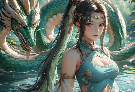 8k,highres,absurdres,masterpiece,best quality, portrait of girl, blue cheongsam with navel cutout, circlet, next to a majestic dragon, by a tranquil lake