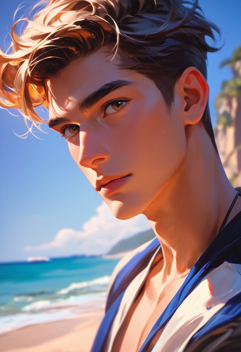 score_9,score_8_up,score_7_up, 20 yo twink posing, headshot, beach, hyperdetailed photography,