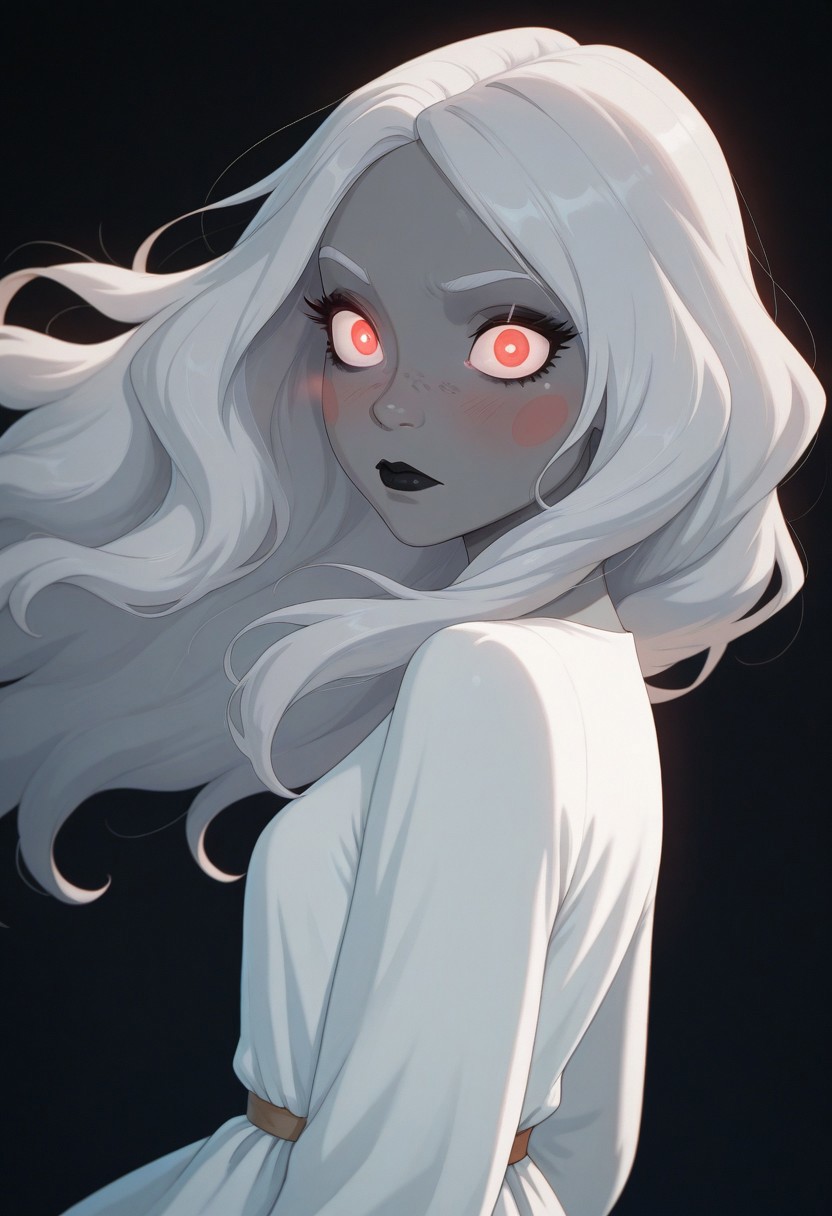 masterpiece, best quality, amazing quality, BSSPYCB, 1girl, solo, long hair, looking at viewer, blush, simple background, red eyes, dress, closed mouth, upper body, grey hair, white dress, from side, makeup, floating hair, colored skin, glowing, wavy hair, black background, glowing eyes, freckles, wide-eyed, ghost, white eyes, grey skin, dark background, long eyelashes, black lips,