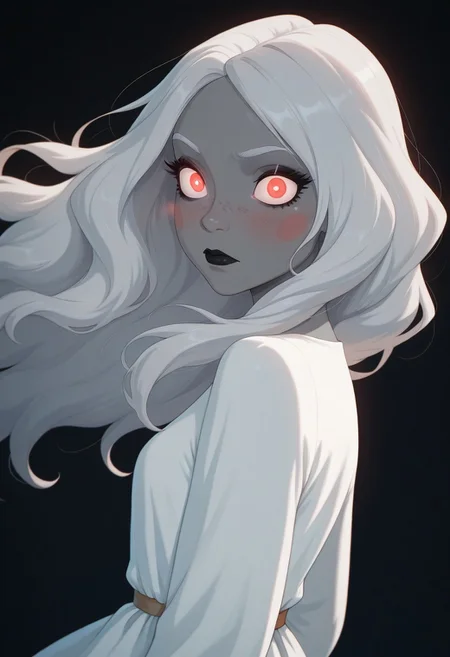 masterpiece, best quality, amazing quality, BSSPYCB, 1girl, solo, long hair, looking at viewer, blush, simple background, red eyes, dress, closed mouth, upper body, grey hair, white dress, from side, makeup, floating hair, colored skin, glowing, wavy hair, black background, glowing eyes, freckles, wide-eyed, ghost, white eyes, grey skin, dark background, long eyelashes, black lips,