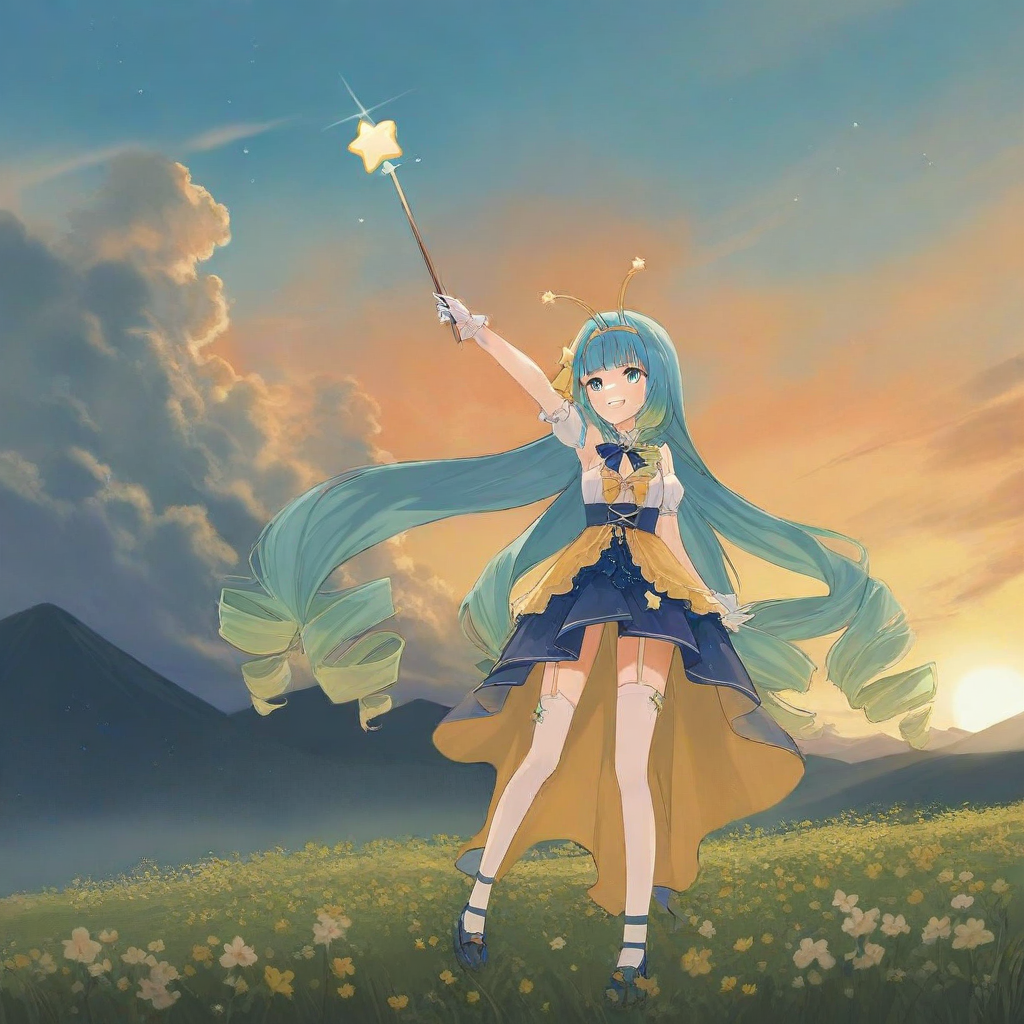 by midori xu, 1girl, jelly hoshiumi, 1girl, solo, blush, smile, blue eyes, very long hair, blue hair, small breasts, drill hair, blunt bangs, green hair, star (symbol), gradient hair, short antennae with star shapes on the ends, yellow bow, star hair ornament, yellow hairband, hair ornament, 2D anime, fantasy, sunny, day, (on a hill overlooking a field of flowers), looking up, slight smile, full body, pastel color pallet, watercolor texture <lora:Jelly_Hoshiumi_XL:1>