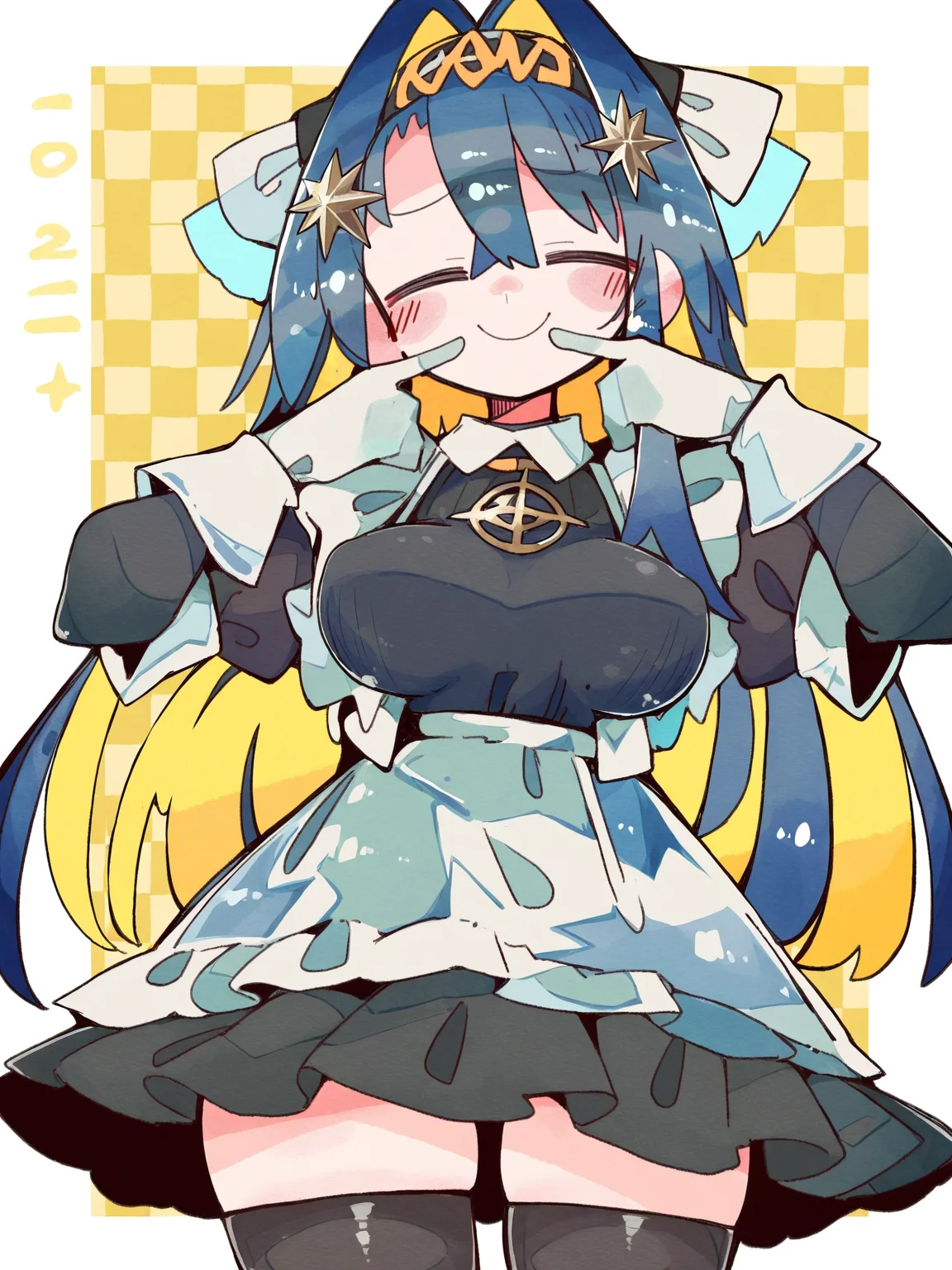 1girl,closed mouth,looking at viewer,solo,voyager\\(reverse:1999\\),cowboy shot,,checkered_background,skyblue,rounded_corners,white gloves,restrained,smile,sulking,closed eyes,fingersmile,<lora:voyager-000010:1>, masterpiece, best quality, very aesthetic, absurdres, (shimashiro itsuki:1.2),(oharu-chan:0.85),(massakasama:0.85),
newest,masterpiece,highres,detailed,hyper-detailed,year 2024,year 2023,