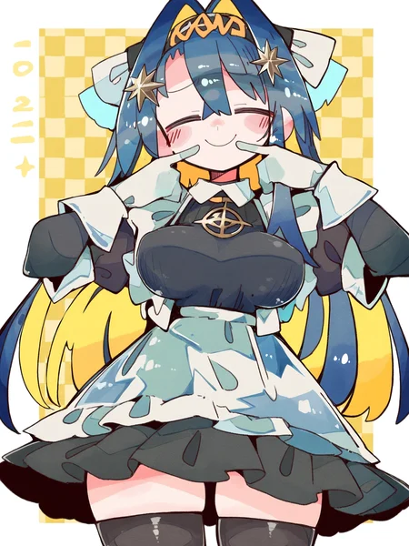 1girl,closed mouth,looking at viewer,solo,voyager\\(reverse:1999\\),cowboy shot,,checkered_background,skyblue,rounded_corners,white gloves,restrained,smile,sulking,closed eyes,fingersmile,<lora:voyager-000010:1>, masterpiece, best quality, very aesthetic, absurdres, (shimashiro itsuki:1.2),(oharu-chan:0.85),(massakasama:0.85),
newest,masterpiece,highres,detailed,hyper-detailed,year 2024,year 2023,