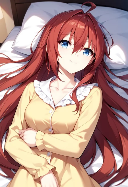 score_9,score_8_up,score_7_up,source_anime, Rin Azuma,1girl,solo,long hair,smile,blue eyes,brown hair,long sleeves,dress,hair between eyes,very long hair,closed mouth,collarbone,ahoge,red hair,lying,shiny,shiny hair,on side,pajamas,