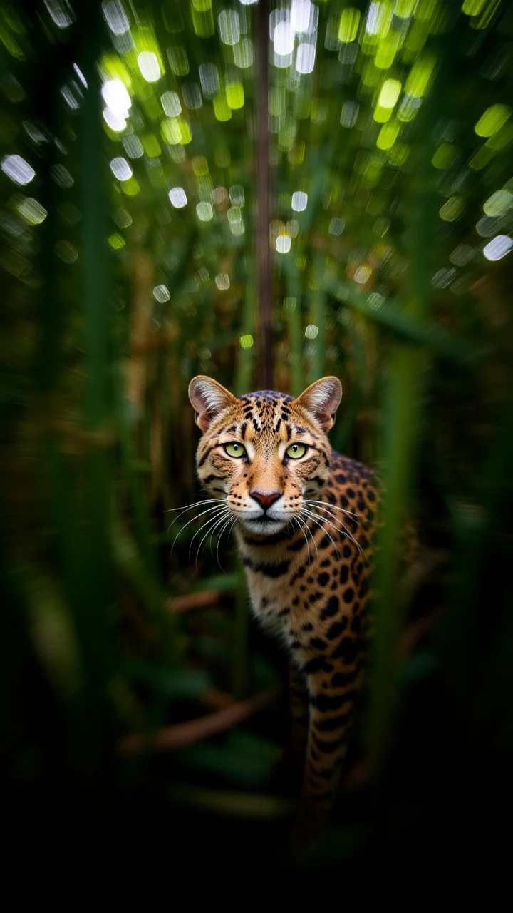 leopard print explosions, wide angle of a very coherent Santiago, from inside a lush green forest, Awe, bokehmachine