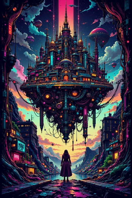 floating city, dusk, woman, very intricate, very detailed, sharp, bright, colorful, <lora:Hand v2:0.5> <lora:Anti-Blur:1><lora:Insane Detail Slider:0.25> <lora:flux.1_lora_flyway_Epic-detail_v2:0.3> <lora:fluxenhancer:0.25><lora:ck-Neon-Retrowave:0.4> ck-rw, in the style of ck-rw, <lora:Neurocore Anime Cyberpunk:0.8> A digital artwork in the style of cknc