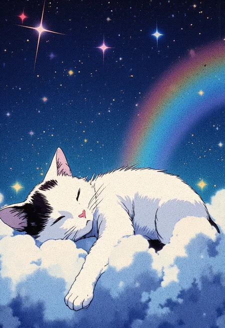 An illustration depicting a white and black cat lying comfortably on the clouds. The cat winks, its muzzle expressing satisfaction and peace. Against the background is the night starry sky with bright stars and rainbows, creating a sense of fabulousness and magic
