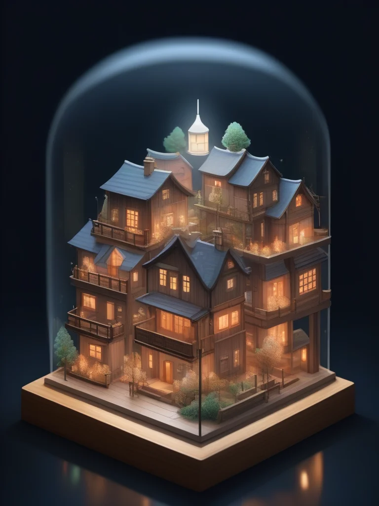 wooden town, glowing bulbs on top of every house, landscape, in glass lantern , isometric style, miniature, <lora:isometric-v1:1>