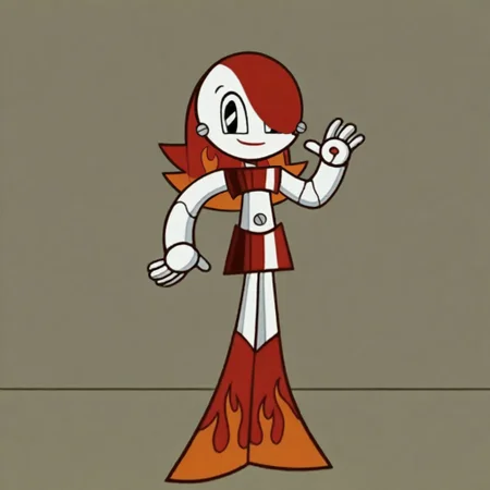 hot rod jenny, jenny wakeman, 1girl, solo, robot joints, long hair, hair over one eye, the Farrah hairstyle, red hair, black eyes, red tube top, red skirt, orange flame accents, standing, waving, full body, looking at viewer, smile