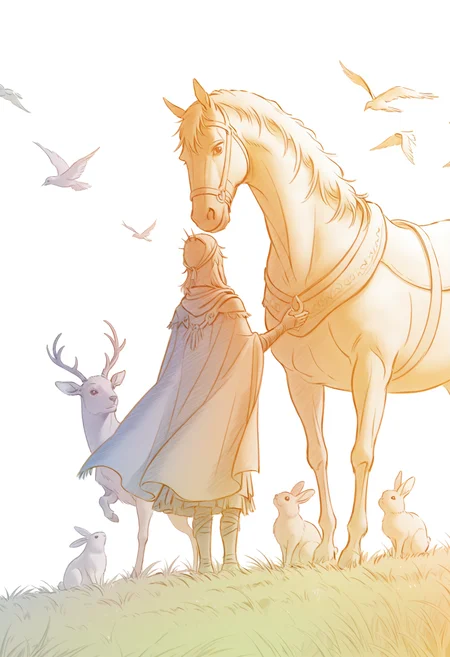 <lora:Colored pencils_illustrious-000098:1.2>,
bird,horse,animal,grass,cape,rabbit,1boy,flock,male focus,deer,
monochrome,simple_background,white_background