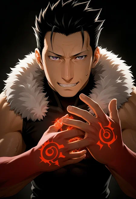 score_9, score_8_up, score_7_up, score_6_up, perfect anatomy, perfect proportions, best quality, masterpiece, high_resolution, high quality, aesthetic, absurdres, (male focus), solo male, source_anime, anime coloring, Greed, GreedFMAPony, black hair, short hair, purple eyes, (sanpaku, small pupils, thin eyebrows:1.5), sleeveless, black turtleneck undershirt, black vest, white fur trim, black pants, adult, mature, masculine, manly, handsome, charming, alluring, standing, portrait, headshot, close-up, from front, dutch angle, dark background, dark atmosphere, look at viewer, (one arm raised over face, show arm), sleeves rolled up, BREAK ouroboros homunculus red hand tattoo \(Fullmetal Alchemist\), glow tattoo, red lightning, red glow, electrokinesis, command spell, perfect lighting, cinematic, dynamic angle, sweat drop, fighting stance, serious, angry, mad, smirk, sharp teeth