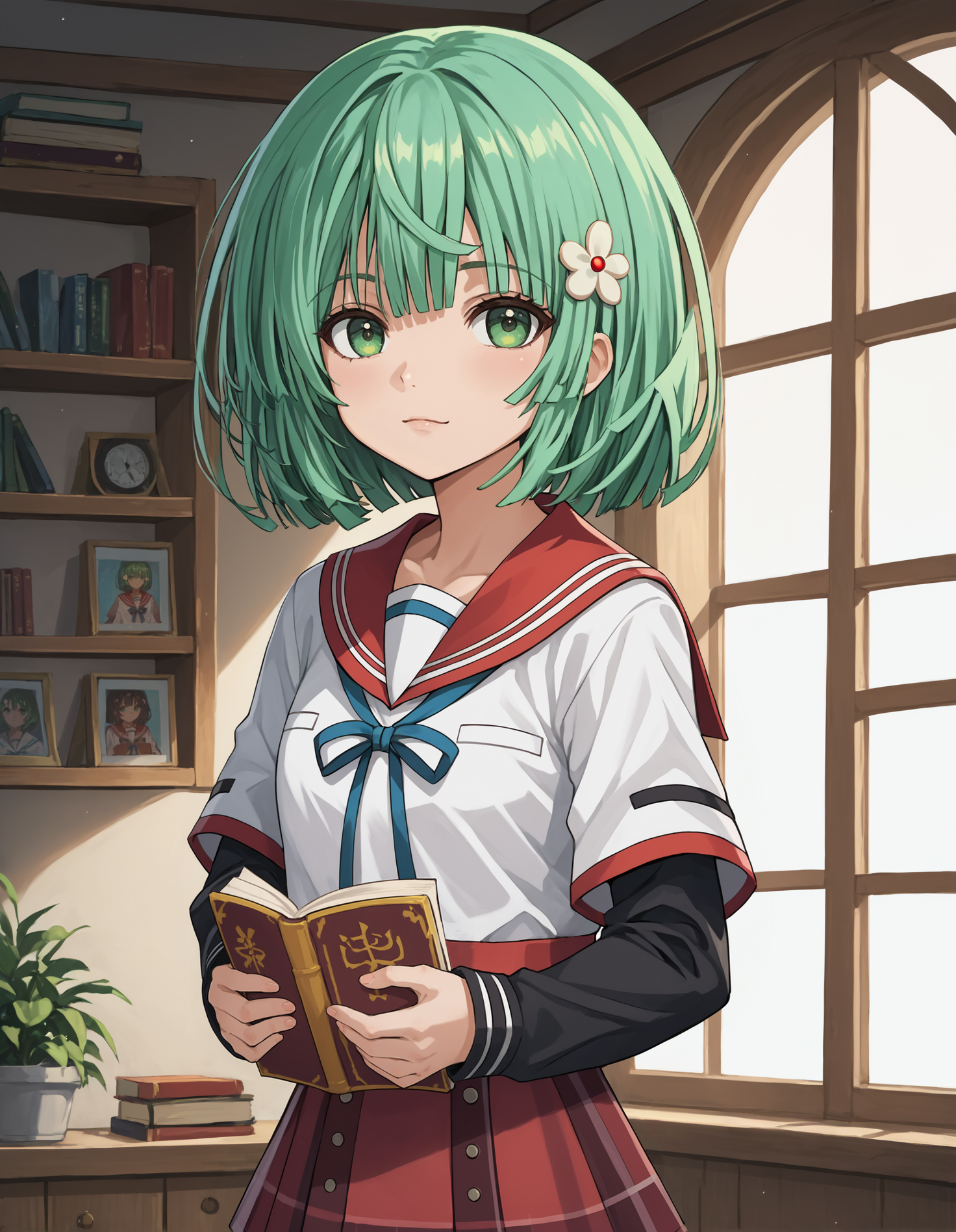 score_9, score_8_up, source_anime, 1girl, upper body, medium shot, detailed, mgrckakonatsume, kakocsl, green hair, blunt bangs, green eyes, looking at viewer, white hairpin, white shirt, red sailor collar, short over long sleeves, black sleeves, blue neck ribbon, red plaid skirt, holding book, (side view:0.6), <lora:mgrckakonatsume_XL:1>