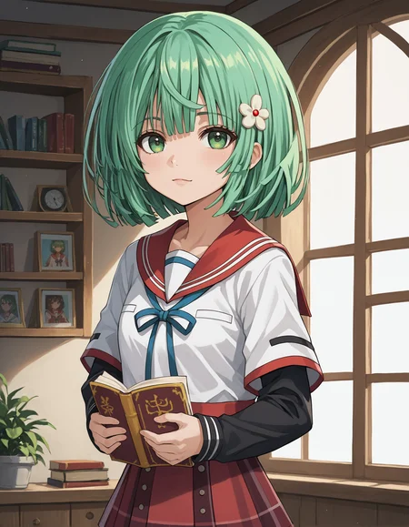 score_9, score_8_up, source_anime, 1girl, upper body, medium shot, detailed, mgrckakonatsume, kakocsl, green hair, blunt bangs, green eyes, looking at viewer, white hairpin, white shirt, red sailor collar, short over long sleeves, black sleeves, blue neck ribbon, red plaid skirt, holding book, (side view:0.6), <lora:mgrckakonatsume_XL:1>