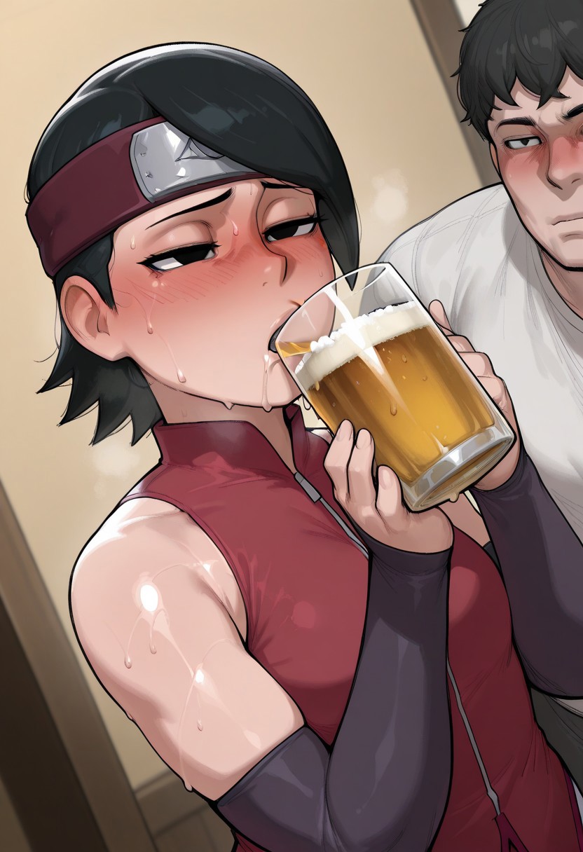 score_9, score_8_up, score_7_up, score_6_up, masterpiece, best quality, very aesthetic, absurdres,  krekkov style,
1girl, sarada, black eyes, black hair, short hair, headband,
saliva, nose blush, drooling, sweaty, sweat, 
frcdtdrnk, forced to drink, holding cup, drinking glass, beer, drinking, alcohol, drunk, couple
dutch angle,