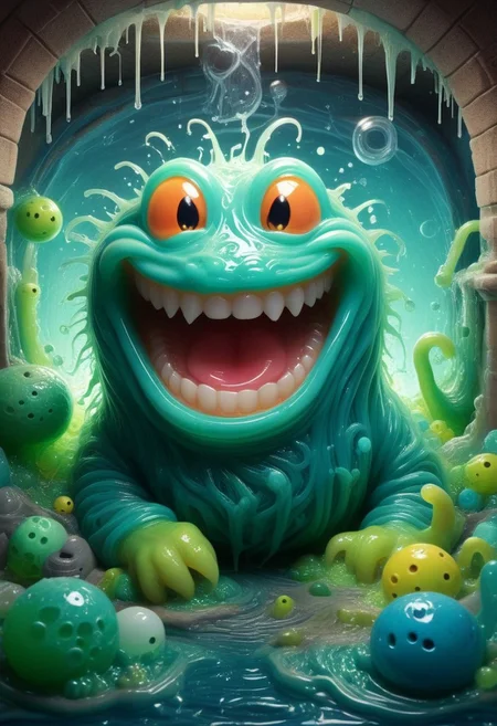 Adorable smily blob, cute smile, sewer, slimy, extremely detailed, hyperrealistic, detailed background, slime-morph