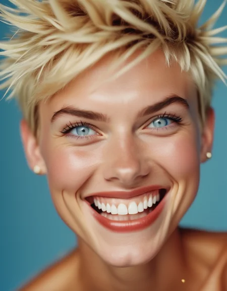 A close-up of a model with a short, spiky blonde haircut, her blue eyes shining with excitement, and a wide, contagious grin spreading across her face. <lora:usual-portrait-v2:1>