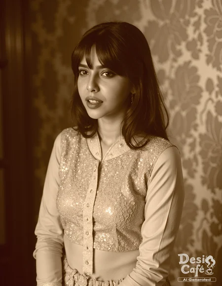 vintage sepia photo of Aishwarya Lekshmi woman, hyper realistic photo that is safe for work, angry, studio quality image, well dressed wearing intricate long sleevedJeans_with_kurta, hair styled as bangs,muted shaded wallpaper background that contrasts with the person, cinematic lighting,âââââ <lora:Aish_Lekshmi_Flux_Kohya_V1-step00000300:1>âââ