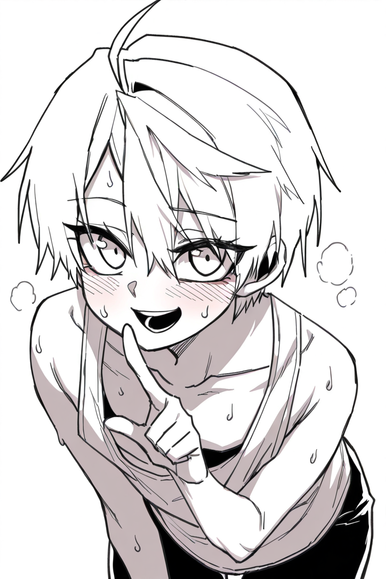 Score_9, score_8_up, score_7_up, masterpiece, best quality, newest, absurdres, highres,HongiLtak, sweat, solo, male focus, 1boy, looking at viewer, blush, ahoge, open mouth, leaning forward, short hair, smile, index finger raised, tank top, collarbone, monochrome