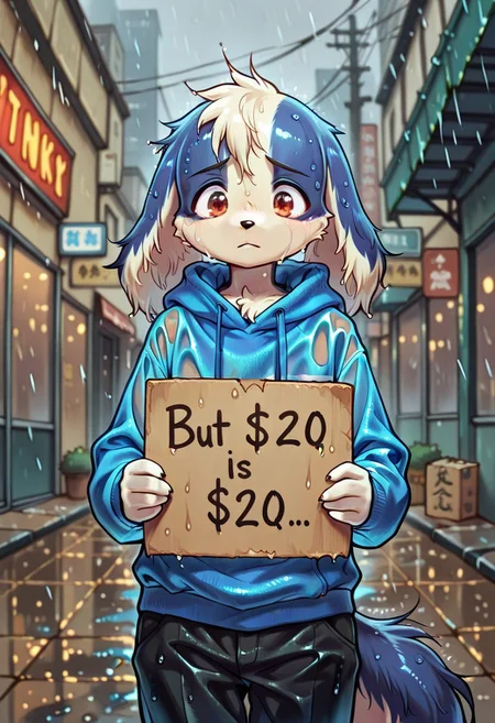 solo, 1boy, changle, furry, claws, sad, wet body, BREAK wet clothes, black pants, blue hoodie, BREAK cowboy shot, outdoors, raining, 20is20, holding sign, cardboard sign, BREAK ((ultra-detailed)), ((best quality)), ((beautiful eyes)), ((extremely detailed)), 4K, (8K), best quality, (beautiful), Master piece, highres, best quality, official art, highres, masterpiece, detailed background, high quality background,