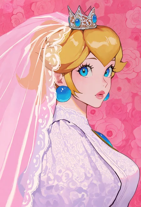1girl, solo, princess peach, wedding dress, bridal veil, floral background, abstract, portrait, from side, blue eyes,
masterpiece, best quality, <lora:AmiThompson-adafactor-guy90:1>, nosima