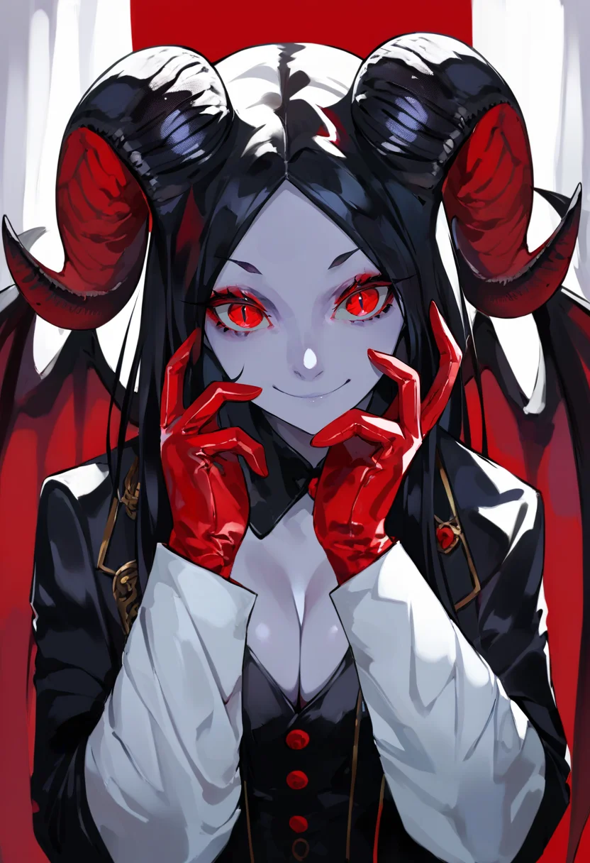 score_9, score_8_up, score_7_up, score_6_up, <lora:LAMXL_P6_lokr_V4236:0.95> 1girl, horns, red eyes, wings, solo, black hair, cleavage, looking at viewer, breasts, demon girl, demon horns, demon wings, gloves, upper body, hands up, colored skin, closed mouth, long sleeves, red gloves, smile, jacket, red background, black jacket, straight-on, red theme, curtains, slit pupils, parted bangs, sitting, long hair, red wings, curled horns