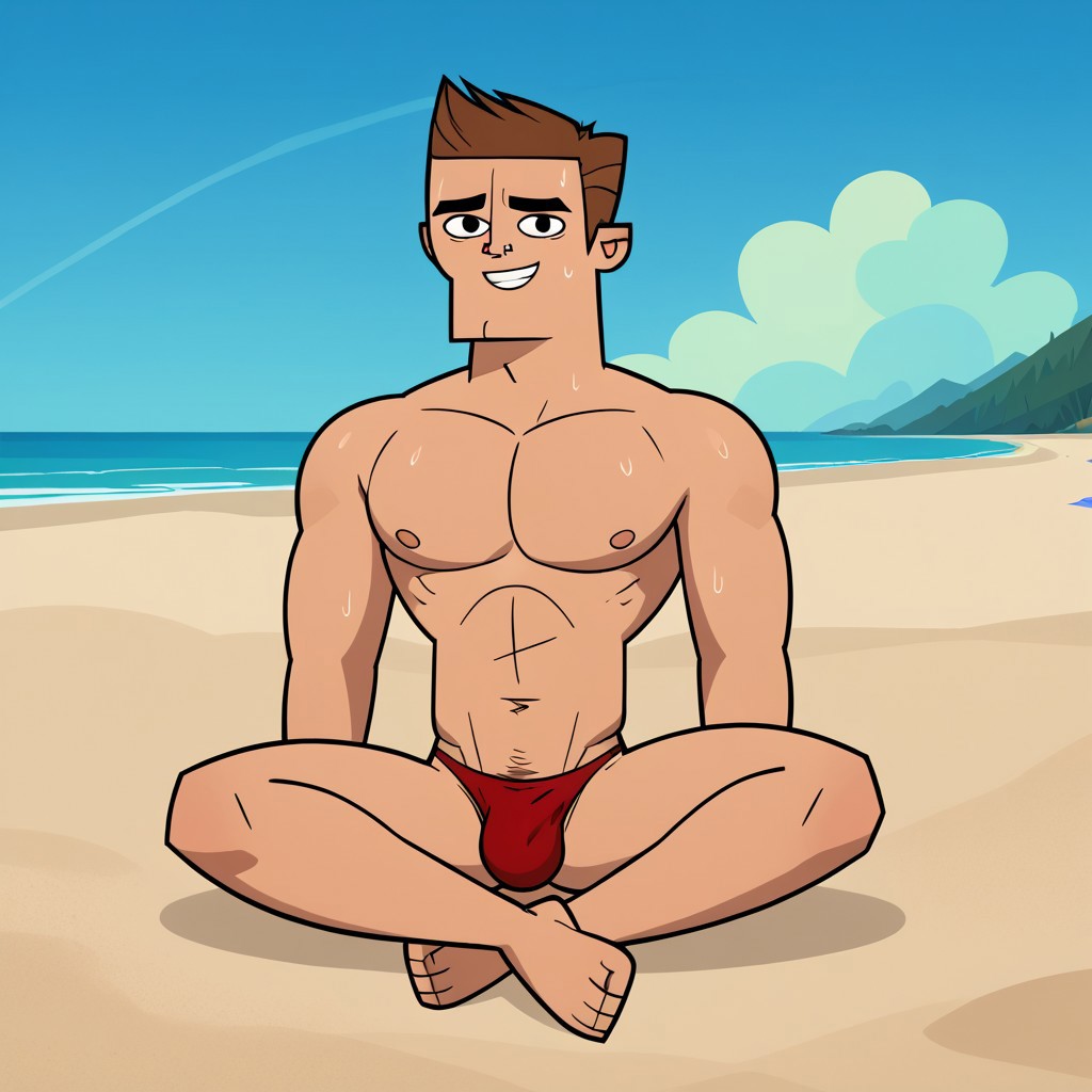 Score_9, cartoon source, toon source, Dynamic Pose, DON, 1boy, solo, Brown hair, black eyes, thin eyebrows, black pupils, round pupils, nude, red thong, bulge, pecs, beach, blue sky, sunny, sitting on sand, focus on crotch, smiling, nervous, looking at viewer, sweat,