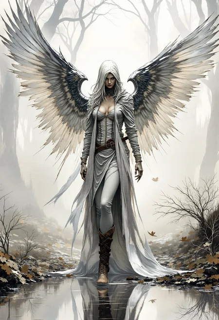 fg, dystopian style of a female angel with wings. Her white hair covers part of her beautiful face and upper body.
She wears a medieval beige elven coat that reaches down to her knees and is cut off there, brown leather boots.
She has large wings extending from her back. The symmetrical wings are menacing, with visible feathers; they are spread wide and fill the upper half of the picture.
She stands relaxed between scattered trees on a withered, grassy steppe. The ground is littered with leaves. At golden hour, autumn, autumn leaves.
Before her lies a small, tranquil lake, its surface like glass, reflecting her silhouette with a serene, mirrored precision. The reflection dances slightly with the gentle ripple of the water, capturing the ethereal beauty of the moment.
