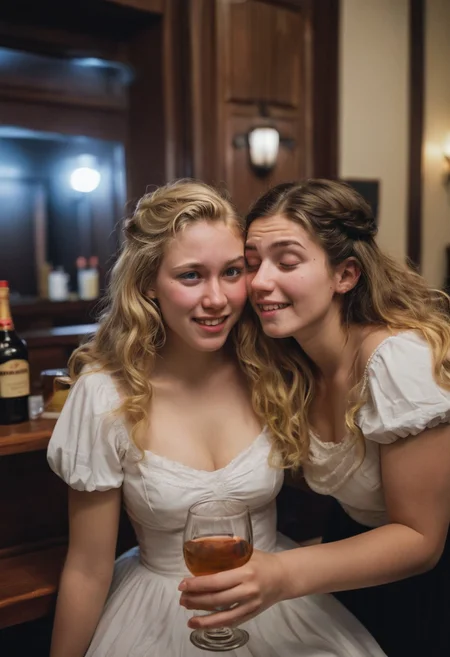 Darker lighting and atmosphere. Sensual and turned on by each other. Drinking sacrament wine.  More drunk. One woman has large breasts.Hyper realistic. More drunk and wasted. Two Mormon sister missionaries getting drunk in their apartment after a long day proselyting. They are obviously visibly very intoxicated.  Leaning together lovingly. Very drunk eyes. Very drunk sultry eye contact. more drunk expression. Disheveled hair. (((Falling, tripping, staggering, dizzy, sleepy))). (((blackout drunk))).Realistic skin. Film grain. Typical lighting wearing a nice modern dress. (((20 year old Mormon Temple square sister  missionary))). Her hair is very disheveled. She drank a lot of tequila(((heavily lidded, drunk eyes))) incoherent, and completely hammered.
 (((incoherent, wasted))) very  drunk. realistic photo.{{{increasingly wasted}}} after having way too much to drink.  (((falling down))) drunken expression. cinematic lighting. (((Flirting))). Soft contented smile. She's completely wasted and wants to have sex tonight.