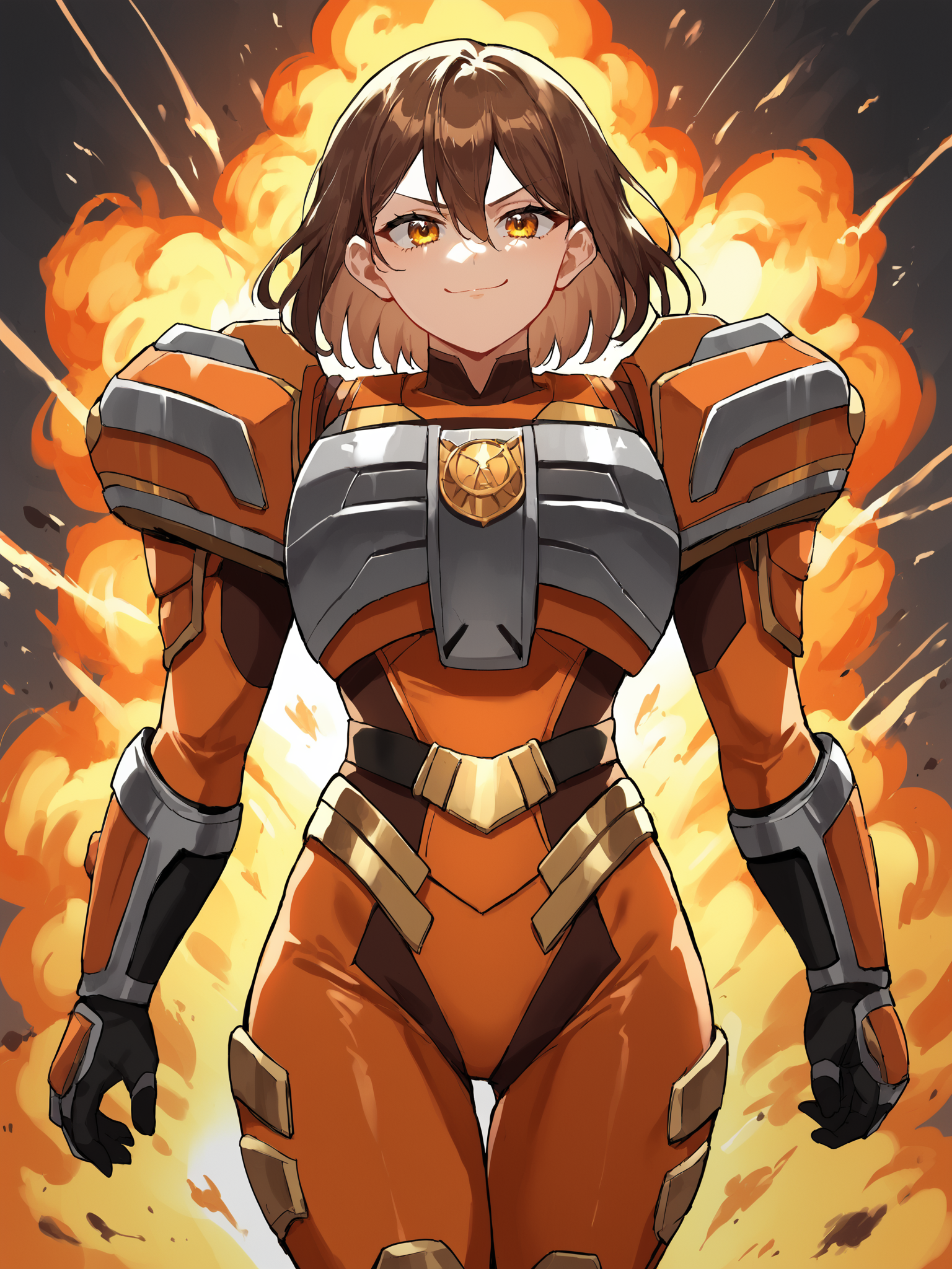 score_9, score_8_up, score_7_up, zPDXL, zPDXLpg, source_anime, <lora:offset_0.2:0.1>, <lora:spo_sdxl_10ep_4k-data_lora_webui:1>,
1girl, solo, brown hair, golden eyes, hair between eyes, medium hair, hair behind ear,
smug, walking,
bodysuit, armored bodysuit, armor, pauldrons, breast plate, gauntlets, gloves, <lora:Sazer_Visuel:1.0>,
3xplosion, explosion, black smoke, fire, <lora:Explosion:0.5>